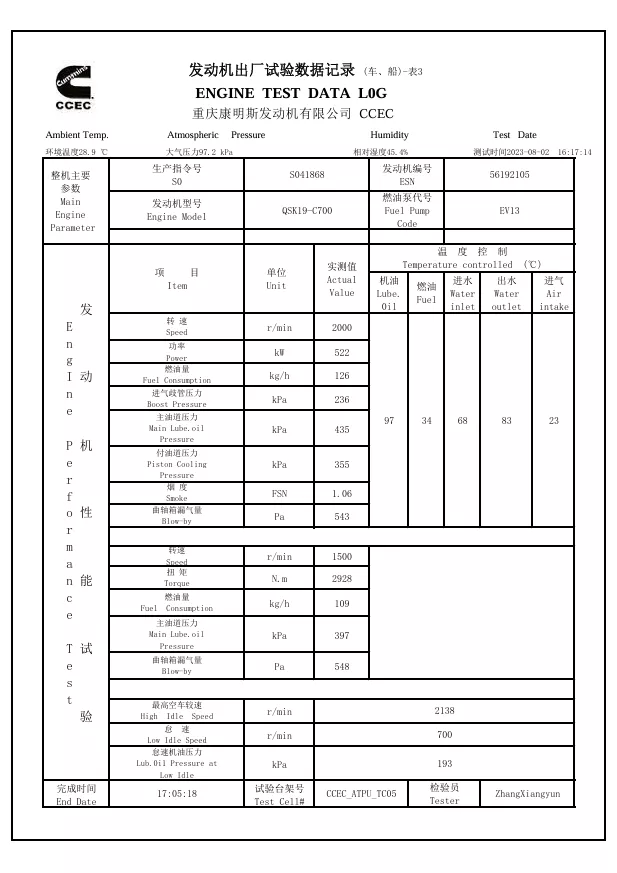 Engine Test Data Log